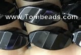 CAA2491 15.5 inches 8*16mm faceted & twisted rice black agate beads