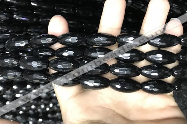 CAA2503 15.5 inches 10*20mm faceted rice black agate beads wholesale