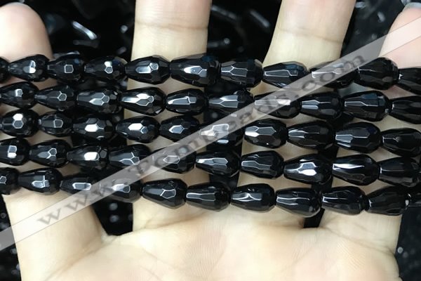 CAA2510 15.5 inches 6*9mm faceted teardrop black agate beads