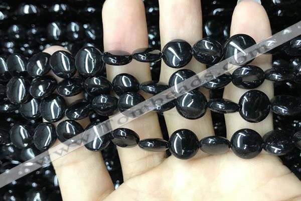 CAA2526 15.5 inches 10mm flat round black agate beads wholesale