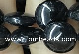 CAA2527 15.5 inches 12mm flat round black agate beads wholesale