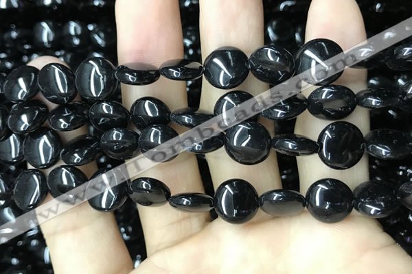 CAA2527 15.5 inches 12mm flat round black agate beads wholesale