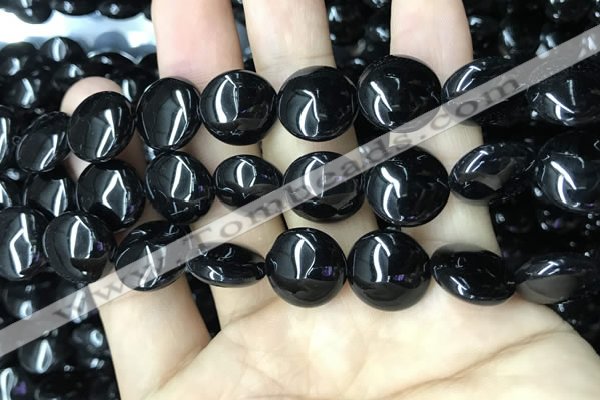 CAA2530 15.5 inches 18mm flat round black agate beads wholesale