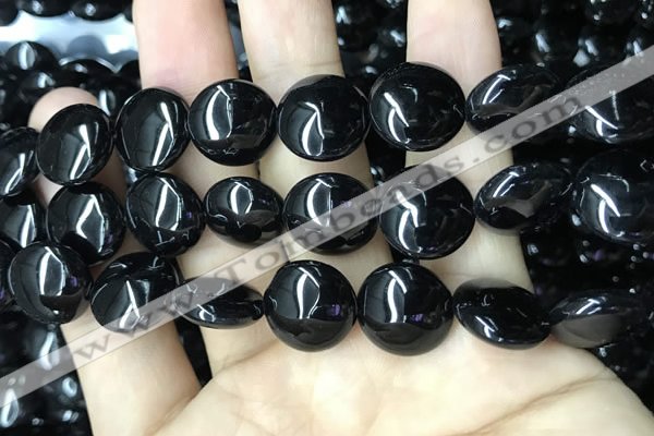 CAA2531 15.5 inches 20mm flat round black agate beads wholesale