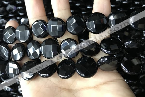 CAA2586 15.5 inches 25mm faceted coin black agate beads wholesale