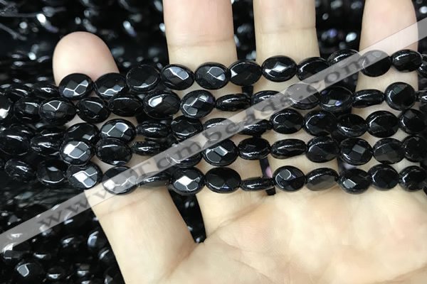 CAA2589 15.5 inches 6*8mm faceted oval black agate beads wholesale