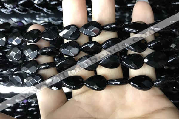 CAA2601 15.5 inches 10*14mm faceted flat teardrop black agate beads