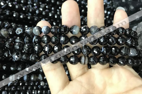 CAA2646 15.5 inches 8mm faceted round banded black agate beads