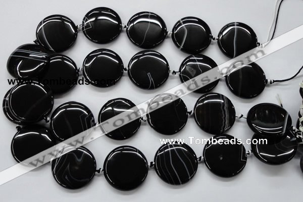 CAA265 15.5 inches 30mm flat round black line agate gemstone beads