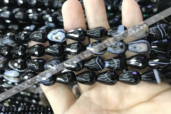 CAA2653 15.5 inches 10*14mm faceted teardrop banded black agate beads