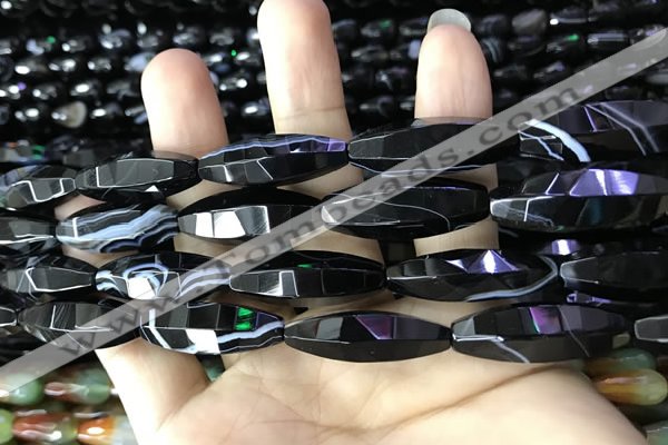 CAA2656 15.5 inches 10*30mm faceted rice banded black agate beads