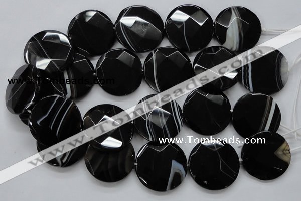 CAA280 15.5 inches 18mm faceted coin black line agate beads