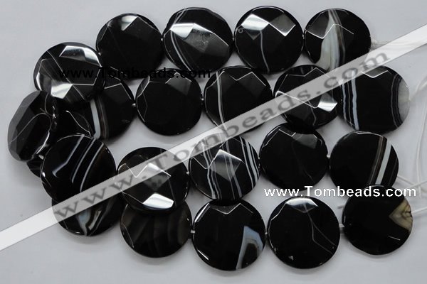 CAA281 15.5 inches 35mm faceted coin black line agate beads