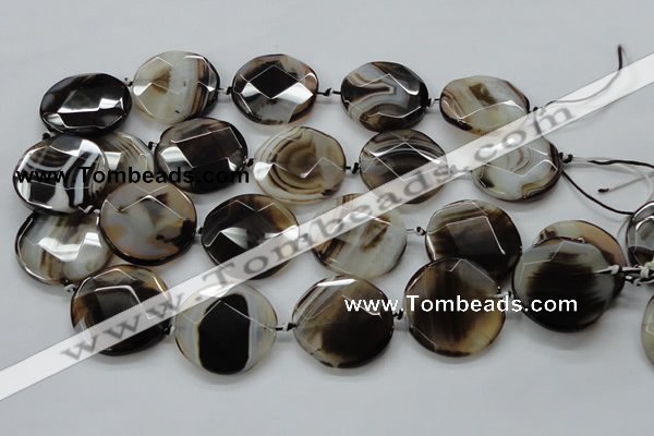 CAA290 15.5 inches 35mm faceted coin black line agate beads