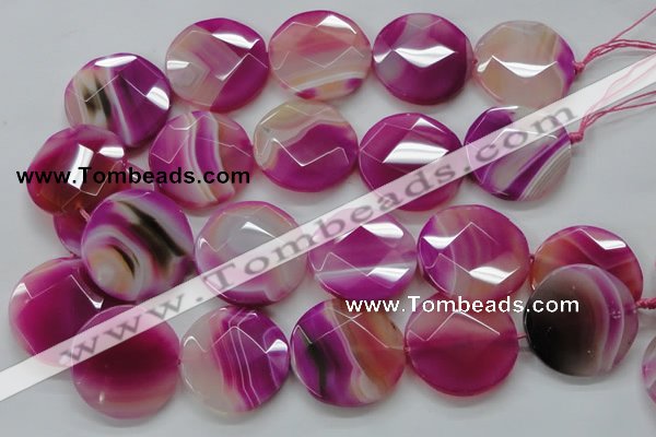 CAA314 15.5 inches 35mm faceted coin fuchsia line agate beads