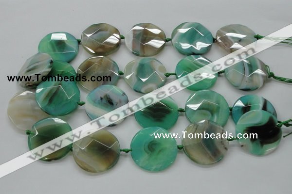 CAA339 15.5 inches 35mm faceted coin green line agate beads