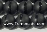 CAA3651 15.5 inches 8mm round matte & carved black agate beads