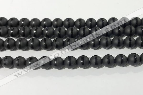 CAA3651 15.5 inches 8mm round matte & carved black agate beads