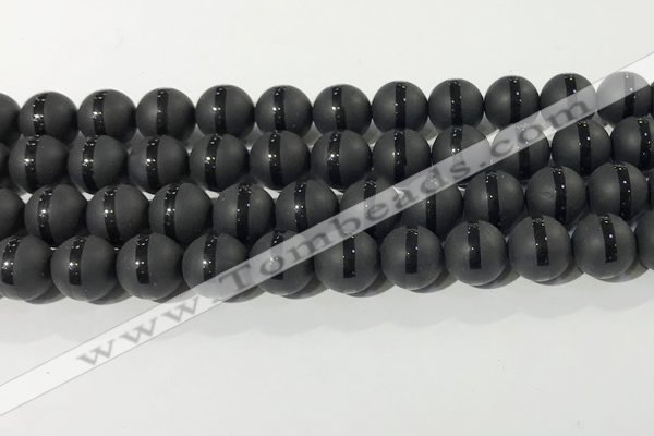 CAA3652 15.5 inches 10mm round matte & carved black agate beads