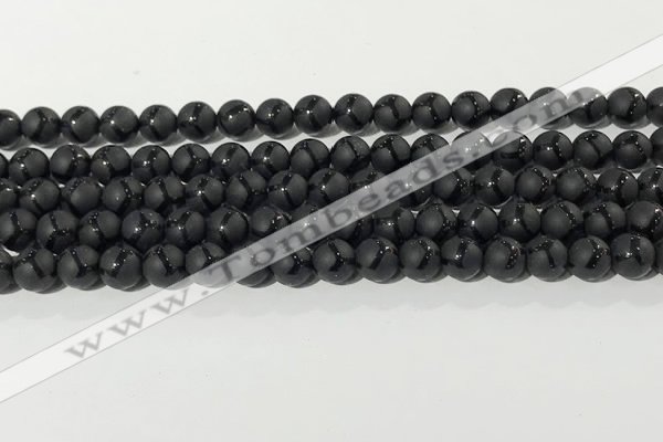 CAA3655 15.5 inches 6mm round matte & carved black agate beads