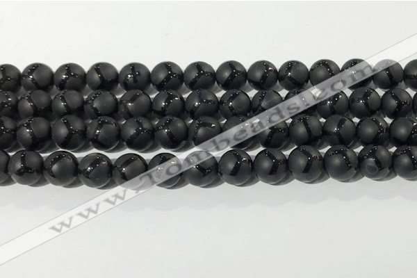 CAA3656 15.5 inches 8mm round matte & carved black agate beads