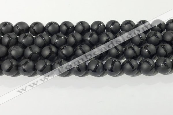 CAA3657 15.5 inches 10mm round matte & carved black agate beads