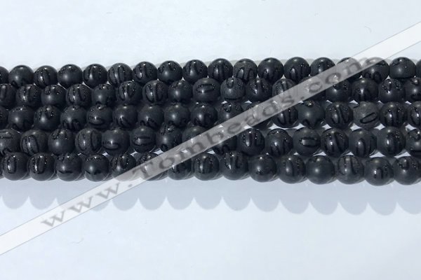 CAA3660 15.5 inches 6mm round matte & carved black agate beads