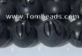 CAA3662 15.5 inches 10mm round matte & carved black agate beads