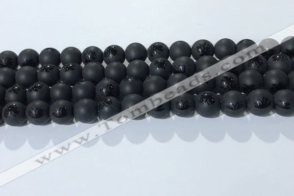 CAA3666 15.5 inches 8mm round matte & carved black agate beads