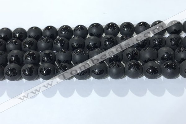 CAA3667 15.5 inches 10mm round matte & carved black agate beads