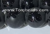 CAA3668 15.5 inches 12mm round matte & carved black agate beads