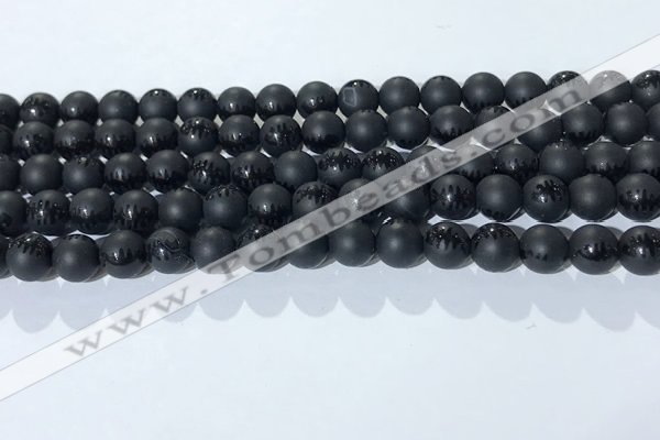 CAA3670 15.5 inches 6mm round matte & carved black agate beads