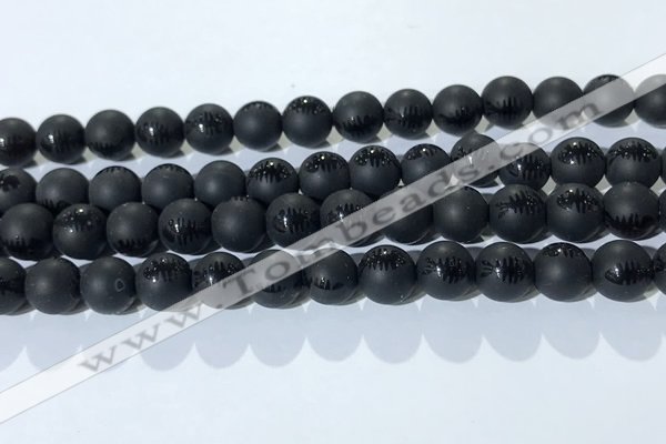 CAA3671 15.5 inches 8mm round matte & carved black agate beads