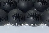 CAA3672 15.5 inches 10mm round matte & carved black agate beads