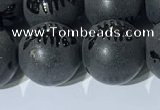 CAA3673 15.5 inches 12mm round matte & carved black agate beads