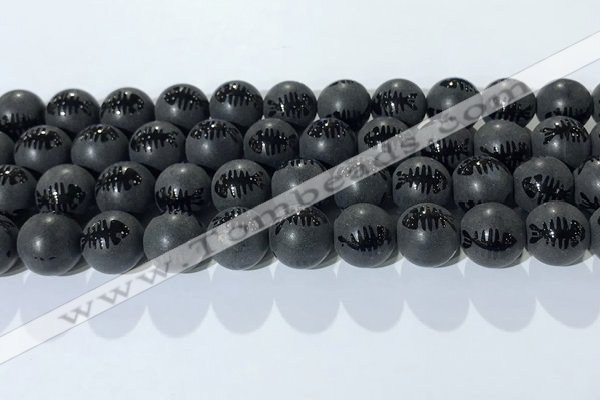 CAA3673 15.5 inches 12mm round matte & carved black agate beads