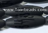 CAA3682 15.5 inches 10*30mm rice matte & carved black agate beads