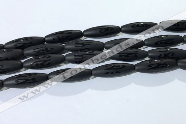 CAA3682 15.5 inches 10*30mm rice matte & carved black agate beads