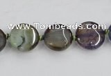 CAA561 15.5 inches 14mm faceted flat round dragon veins agate beads