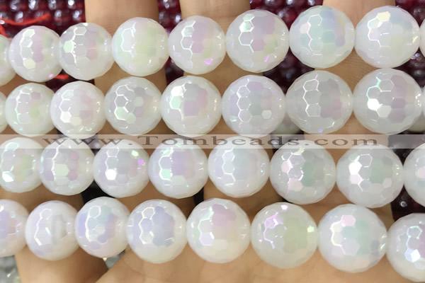CAA5623 15 inches 12mm faceted round AB-color white agate beads