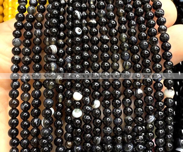 CAA6400 15 inches 4mm round black banded agate beads wholesale