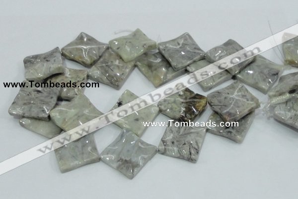 CAB584 15.5 inches 30*30mm wavy diamond silver needle agate beads