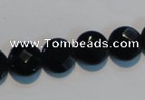 CAB809 15.5 inches 12mm faceted coin black gemstone agate beads