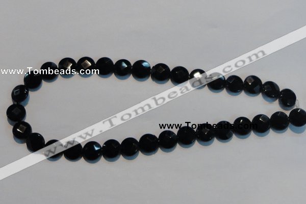 CAB809 15.5 inches 12mm faceted coin black gemstone agate beads