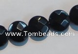 CAB810 15.5 inches 14mm faceted coin black gemstone agate beads