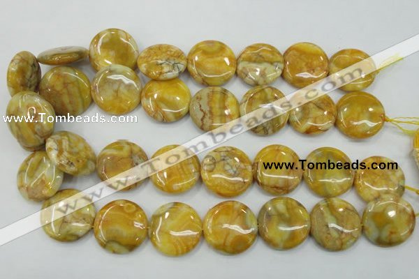 CAB945 15.5 inches 25mm flat round yellow crazy lace agate beads