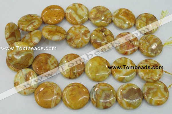 CAB946 15.5 inches 30mm flat round yellow crazy lace agate beads