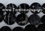 CAG3073 15.5 inches 14mm faceted coin black line agate beads