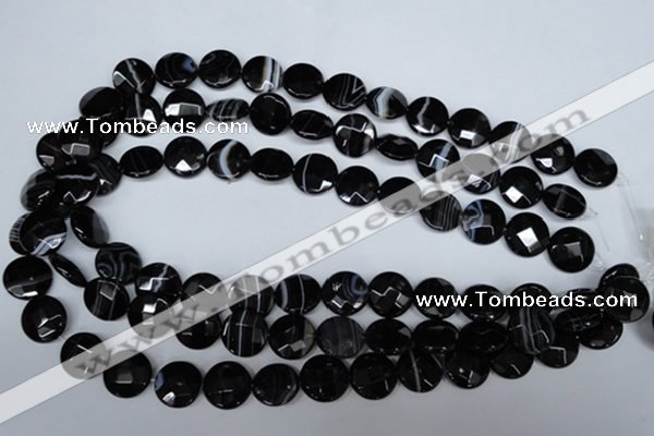 CAG3073 15.5 inches 14mm faceted coin black line agate beads