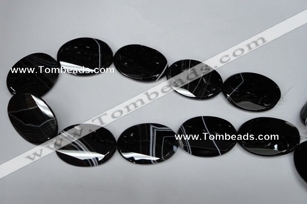 CAG3088 15.5 inches 30*40mm faceted oval black line agate beads